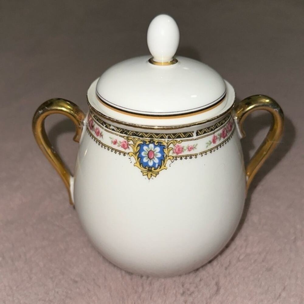 Antique Limoges France Porcelain Floral White Gold Lidded Sugar Bowl